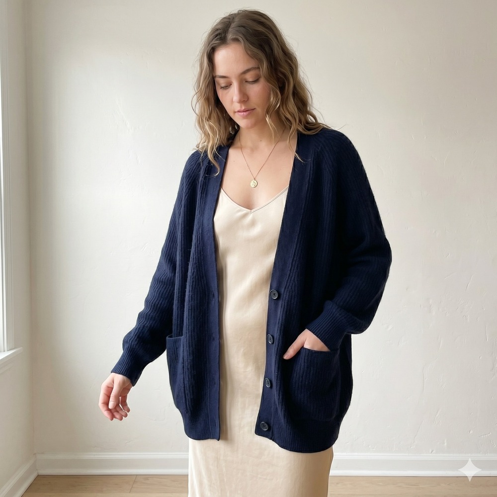 360Cashmere Cardigan Womens Large Navy Blue Ribbed Knit Oversized V-Neck Pocket